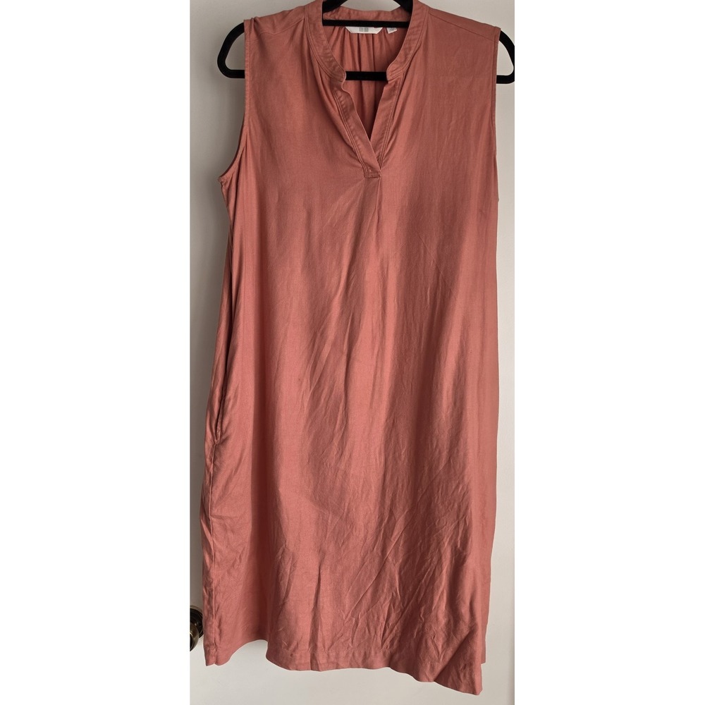 Uniqlo Linen Blend Dress Size L Pink Solid Sleeveless Casual Sundress Tank Dress